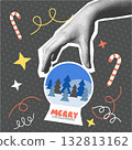 Christmas card with retro holiday design. Abstract seasonal composition with halftone hand holding 132813162
