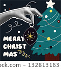 Christmas card with square design. Festive xmas vector template showing halftone hand holding dark 132813163