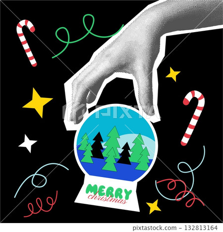Christmas card with square festive design. Modern xmas vector illustration of hand holding snow Christmas card with square festive design. Modern xmas vector illustration of hand holding snow 132813164