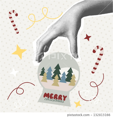 Christmas card with traditional festive design. Abstract winter composition of halftone hand holding Christmas card with traditional festive design. Abstract winter composition of halftone hand holding 132813166