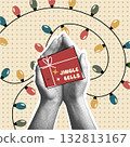 Christmas card, abstract festive holiday square shape illustration with seasonal hand hold gift, 132813167