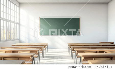 Empty classroom with wooden desk chalkboard window sunlight calm minimalist learning space 132813195