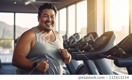 Fat man exercises on treadmill in bright gym with large windows during sunny afternoon 132813234