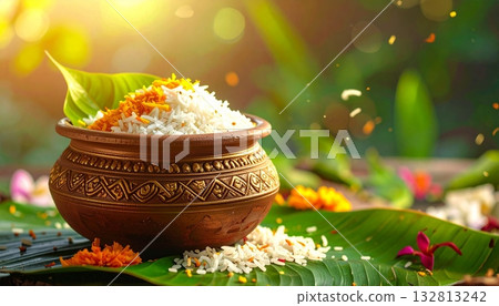 Vibrant bowl of rice with flowers placed on green leaves in a serene outdoor setting during a festive celebration Vibrant bowl of rice with flowers placed on green leaves in a serene outdoor setting during a festive celebration 132813242