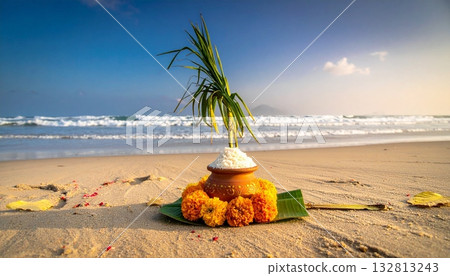 Festive offering by the beach with rice and flowers during sunset near the ocean Festive offering by the beach with rice and flowers during sunset near the ocean 132813243