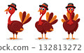 Set of turkeys birds in hats from different angles on a white background. Thanksgiving Day 132813272