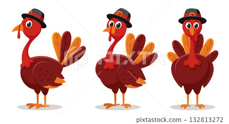 Set of turkeys birds in hats from different angles on a white background. Thanksgiving Day 132813272