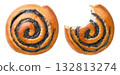 Poppy seed buns with a bite cut out on a white. Top view 132813274
