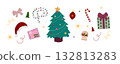 Christmas design elements, decorations set. New Year and Xmas decor, fir tree, ornaments, gifts, 132813283
