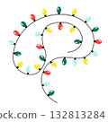Colorful Christmas garland, light decoration with multicolored lamps on wire, cable, twisted string 132813284