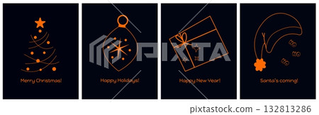 Merry Christmas and Happy New Year card designs set. Posters, black postcards with orange Xmas Merry Christmas and Happy New Year card designs set. Posters, black postcards with orange Xmas 132813286