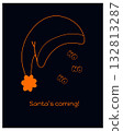 Merry Christmas card design. Poster, black postcard with orange Xmas Santa hat with pompom and 132813287