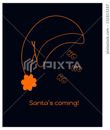 Merry Christmas card design. Poster, black postcard with orange Xmas Santa hat with pompom and 132813287