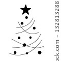 Minimal black Christmas tree design with curved lines and circular ornaments topped with a black 132813288