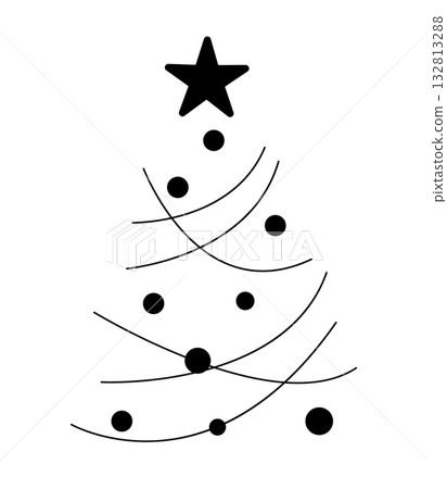 Minimal black Christmas tree design with curved lines and circular ornaments topped with a black Minimal black Christmas tree design with curved lines and circular ornaments topped with a black 132813288
