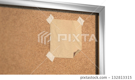 Blank craft paper note taped cork-board mockup, depth of field 132813315