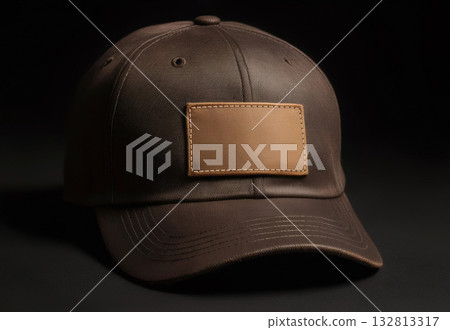 Blank brown rectangle embroidered patch on cap mockup, ai generated 132813317