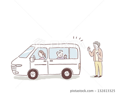 An elderly person in a minivan, the driver, and family members seeing them off An elderly person in a minivan, the driver, and family members seeing them off 132813325