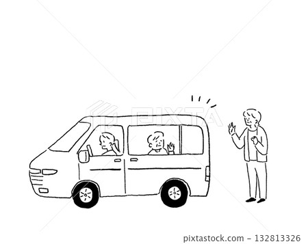 老年人乘坐小型貨車，司機和送行的家人，線條畫 132813326