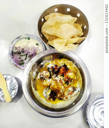 Indian Dahi Papdi Chaat with curd, chutney and spices Indian Dahi Papdi Chaat with curd, chutney and spices 132813402