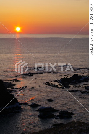 Cape Erimo in the morning glow, with the rising sun illuminating the sea surface 1 Cape Erimo in the morning glow, with the rising sun illuminating the sea surface 1 132813429