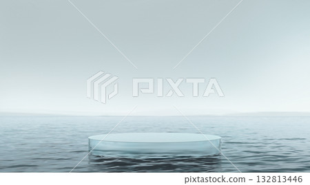 White glass podium stand in calm sea water scene White glass podium stand in calm sea water scene 132813446