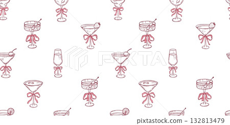 Seamless repeating pattern with whimsical cocktails, hand drawn modern background, allover girly print 132813479