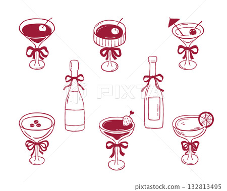 Whimsical cocktails with bow, vector isolated illustrations set, doodle sketch for party invitation, wine bottle Whimsical cocktails with bow, vector isolated illustrations set, doodle sketch for party invitation, wine bottle 132813495