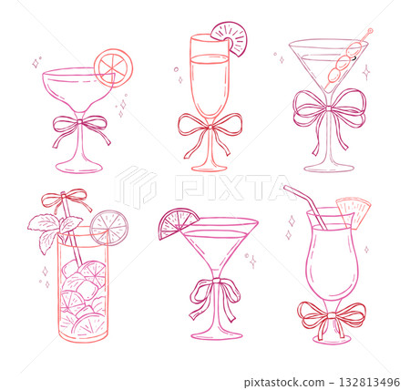 Whimsical cocktail with bow, vector illustrations set, mojito and champagne, doodle sketch for party invitation 132813496