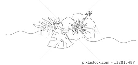 Hibiscus flower in one line art drawing style. Vector continuous illustration 132813497