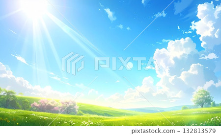 寧靜明媚的春日背景，藍天白雲，陽光明媚。 132813579