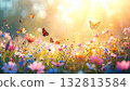 柔和的春日背景，花田飛舞，蝴蝶翩翩起舞。 132813584