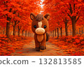 Autumn scenery of a horse walking along a road with autumn leaves 132813585