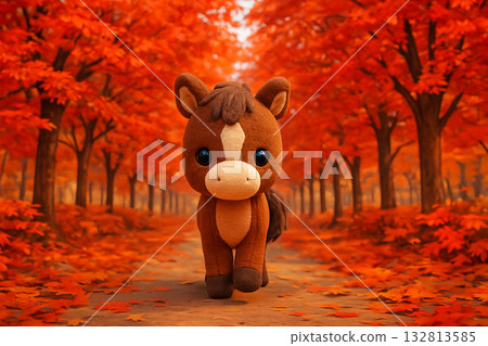 Autumn scenery of a horse walking along a road with autumn leaves 132813585