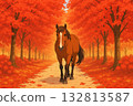 Autumn scenery of a horse walking along a road with autumn leaves 132813587