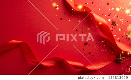 奢華的聖誕背景，飾以閃亮的紅色和金色絲帶 132813639