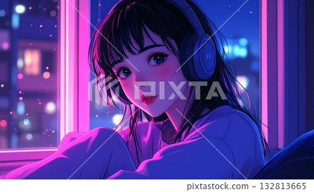 2000s anime style girl listening to chill music by the window at night 2000s anime style girl listening to chill music by the window at night 132813665