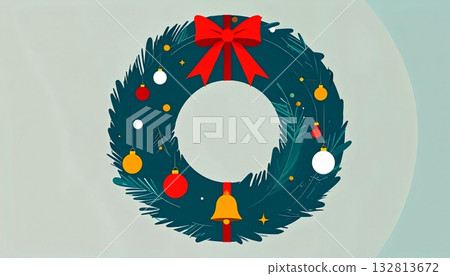 Christmas wreath-style frame material made with pine branches and ribbons 132813672