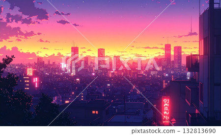 沐浴在橙色夕陽下的 20 世紀 80 年代動漫風格城市景觀 132813690