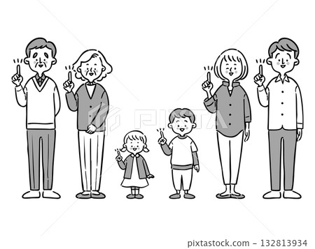 指向的手指，三代家庭成員，全身（單色）向量圖 132813934