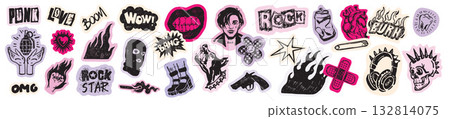 Grunge rock sticker set, hand drawn crayon gothic emo scrapbook doodle decor, urban graffiti art. Grunge rock sticker set, hand drawn crayon gothic emo scrapbook doodle decor, urban graffiti art. 132814075