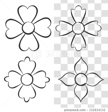 Flower daisy icon set, linear outline decorative isolated shape, hand drawn brush pen doodle style design, black ink marker line, floral cute fun vector illustration. Checkered banner background Flower daisy icon set, linear outline decorative isolated shape, hand drawn brush pen doodle style design, black ink marker line, floral cute fun vector illustration. Checkered banner background 132814132