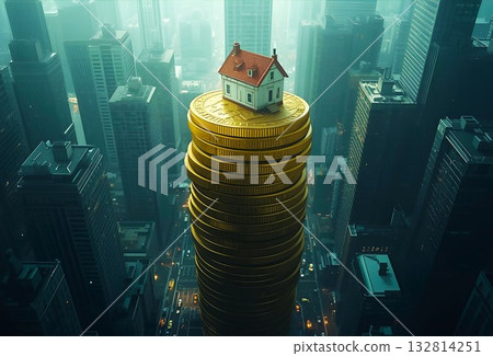 摩天大樓裡，一棟房子建在一堆金幣之上。 132814251