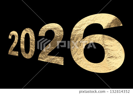2026 metallic number design. Golden textured typography with shiny distorted surface symbolizing New 2026 metallic number design. Golden textured typography with shiny distorted surface symbolizing New 132814352