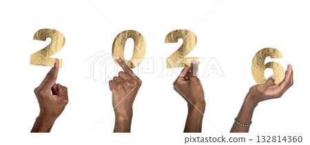 2026 New Year celebration. Black-skinned male hand holding golden metallic numbers with shiny 2026 New Year celebration. Black-skinned male hand holding golden metallic numbers with shiny 132814360