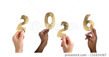 2026 new year celebration. Diverse multiethnic team raising hands with fingers forming numbers, 2026 new year celebration. Diverse multiethnic team raising hands with fingers forming numbers, 132814367