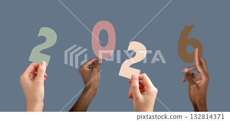 2026 new year concept. Diverse multiethnic people raising hands holding numbers, festive winter 2026 new year concept. Diverse multiethnic people raising hands holding numbers, festive winter 132814371