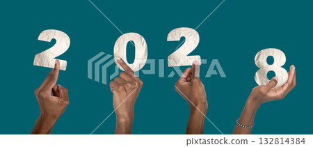 2028 new year celebration concept. Hand with raised fingers holding number collage, black skin wrist 2028 new year celebration concept. Hand with raised fingers holding number collage, black skin wrist 132814384