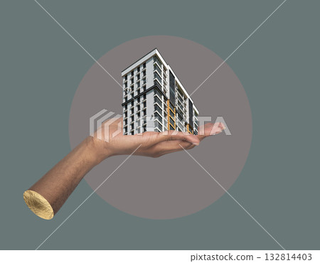 Building in hand creative architecture concept. African American male holding modern high rise Building in hand creative architecture concept. African American male holding modern high rise 132814403