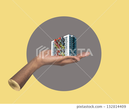 Building in hand investment concept. African male holding modern high rise apartment collage, 132814409